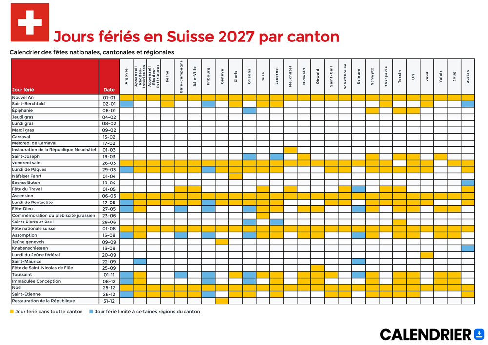 jours fériés en suisse 2027 par canton