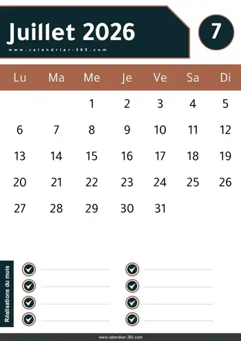 modèle de calendrier juillet 2026 pdf