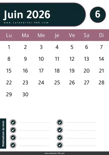 Calendrier juin 2026 PDF et JPG