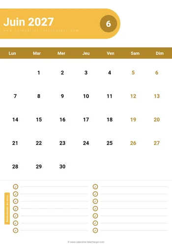 Calendrier juin 2027 PDF