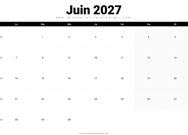 Calendrier juin 2027 paysage avec numéros de semaine