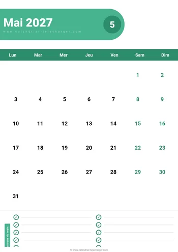 Calendrier mai 2027 à imprimer PDF
