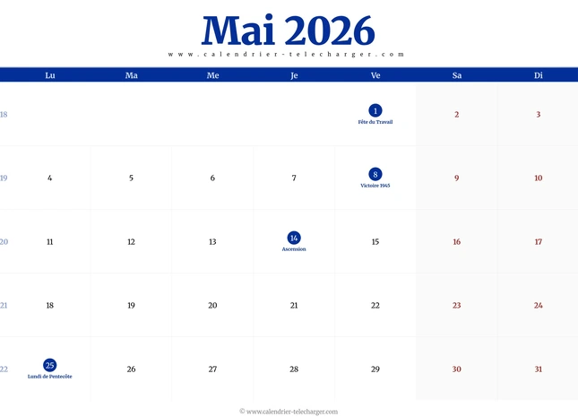 Calendrier mai 2026 paysage à imprimer