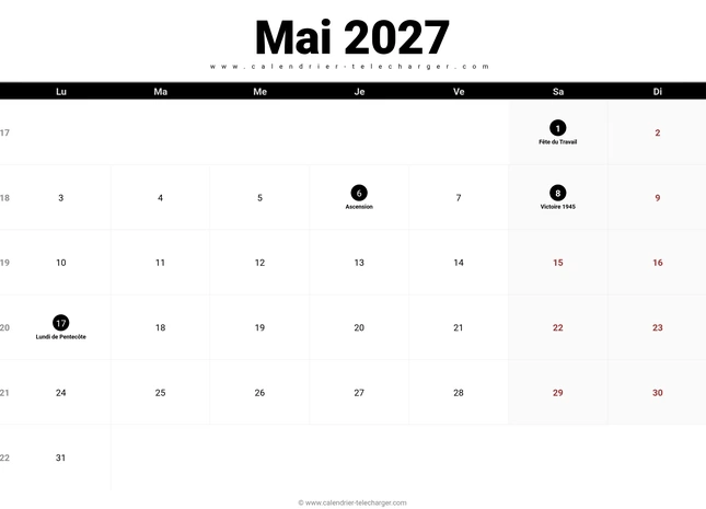 Calendrier mai 2027 paysage avec jours fériés et semaines