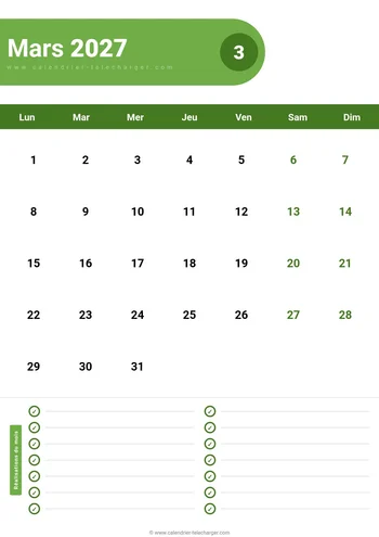 Calendrier mars 2027