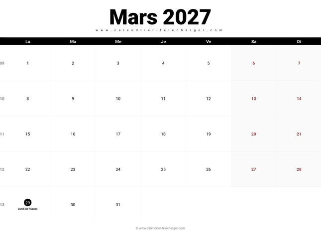 Calendrier mars 2027 horizontal avec semaines et jour férié