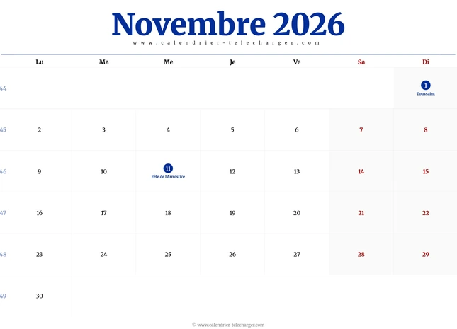 Calendrier novembre 2026 avec jours fériés