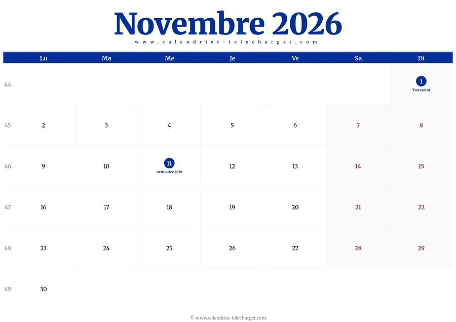 Calendrier novembre 2026 avec jours fériés