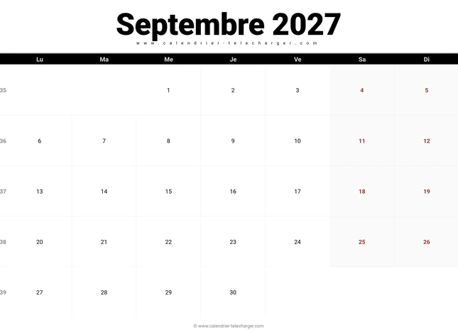 Calendrier septembre 2027 avec semaines numérotées