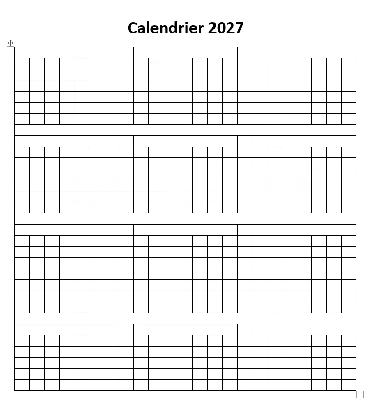 Structure du calendrier Word après fusion des cellules