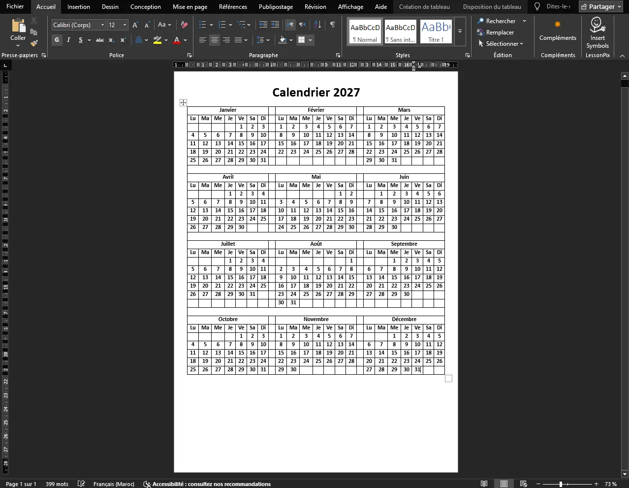 Remplir les noms des mois, les jours et les dates du calendrier dans Word