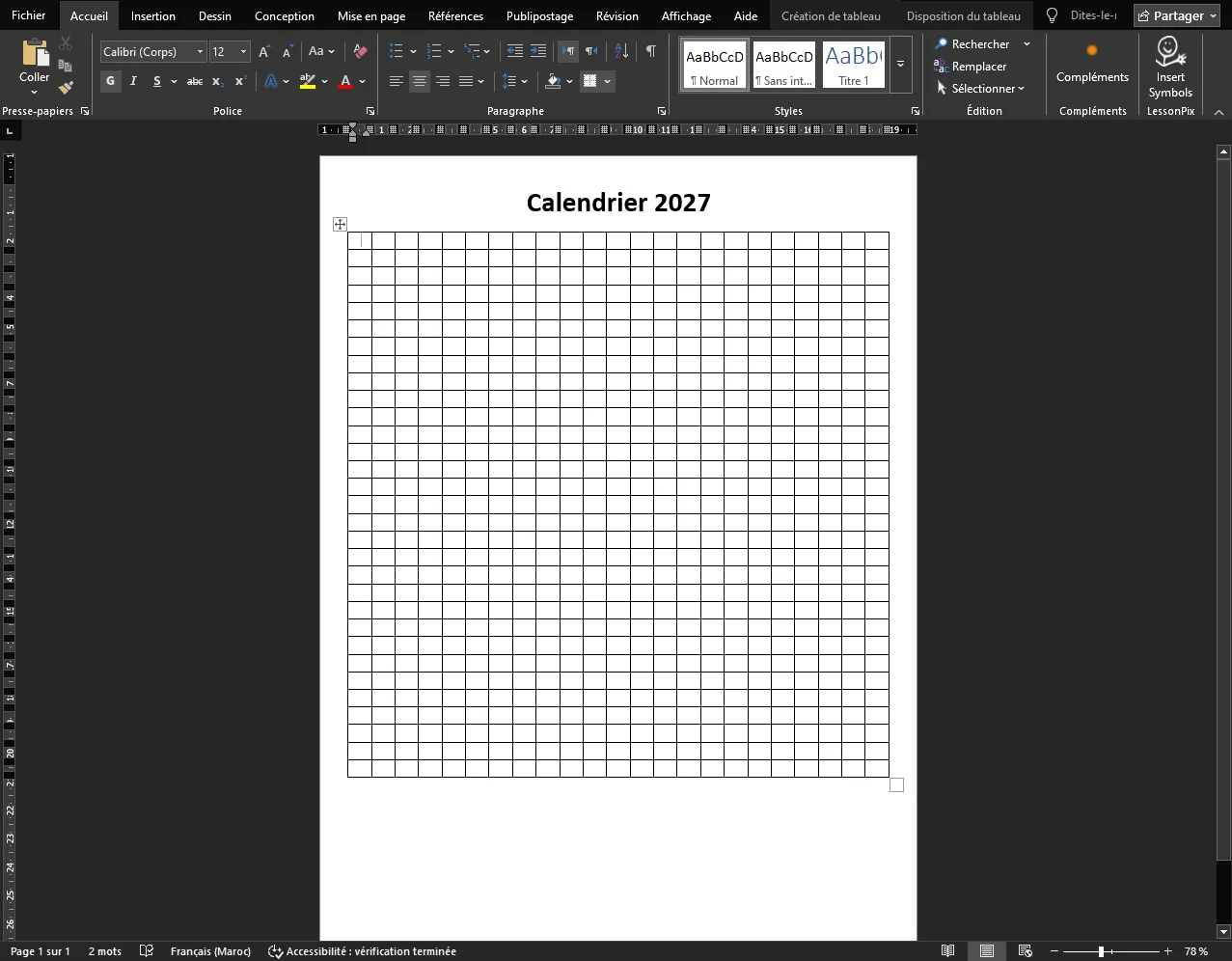 Tableau vide de 23 colonnes et 31 lignes dans Word